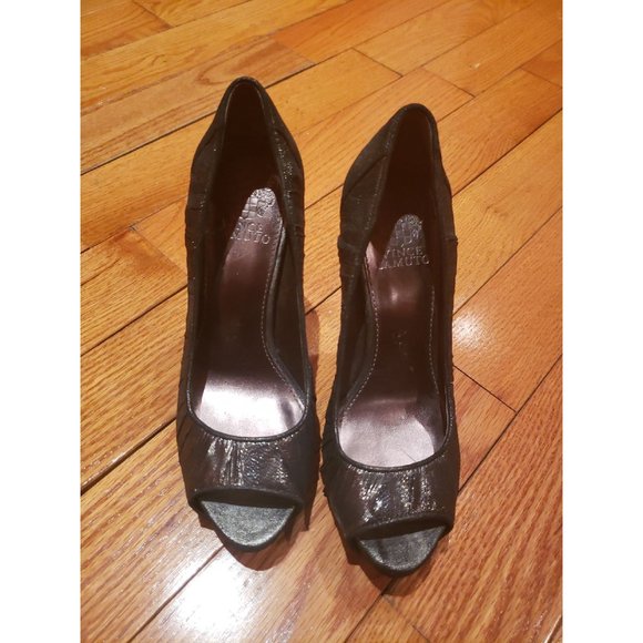 VINCE CAMUTO Metallic Silver Black MODA Platform Peep Toe Pumps size 7 - Picture 5 of 8